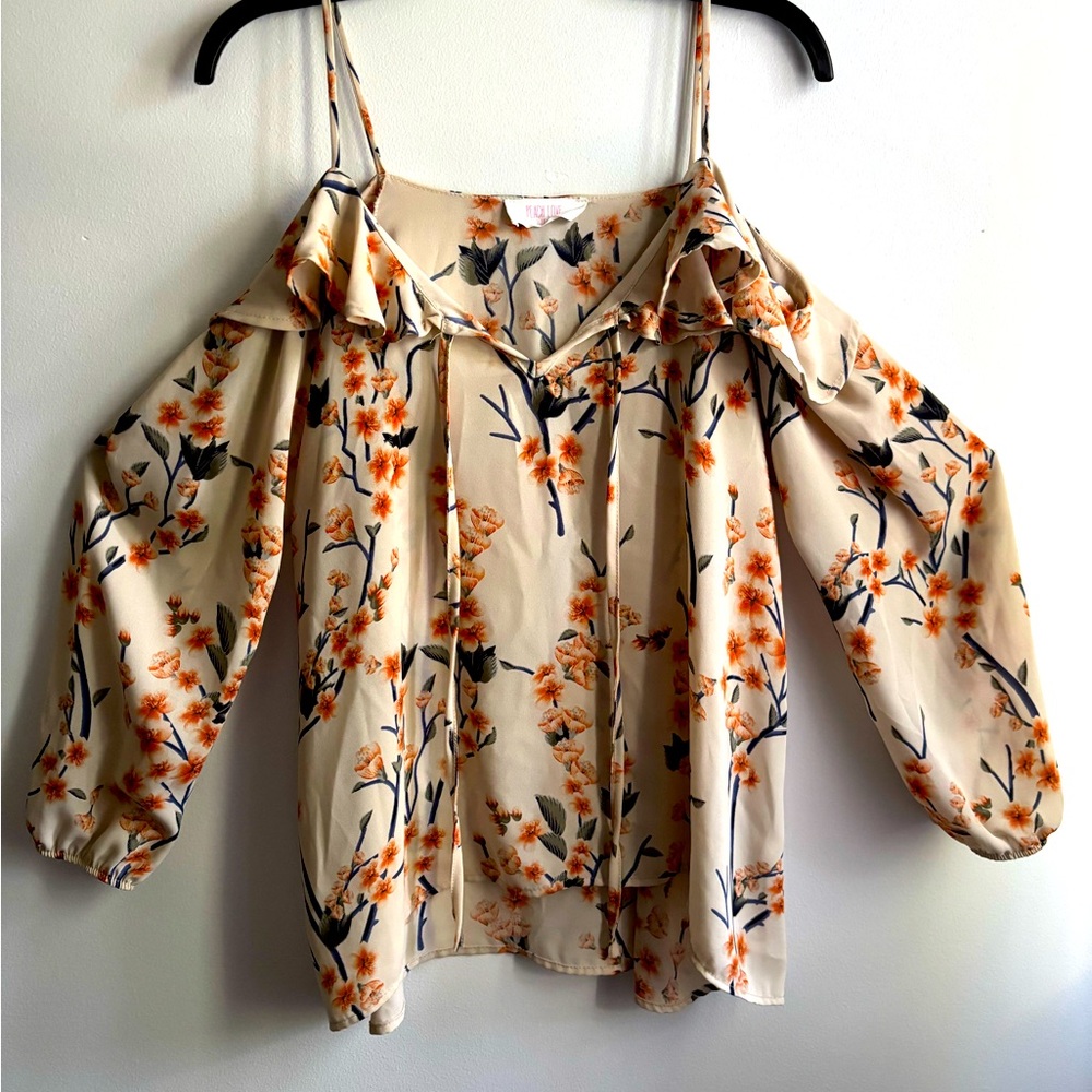 Peach Love California Ruffled Tie Front Blouse in Pink and Orange
